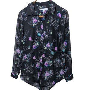 Lauren Conrad Long Button Up Blouse Floral Print on Black - Large